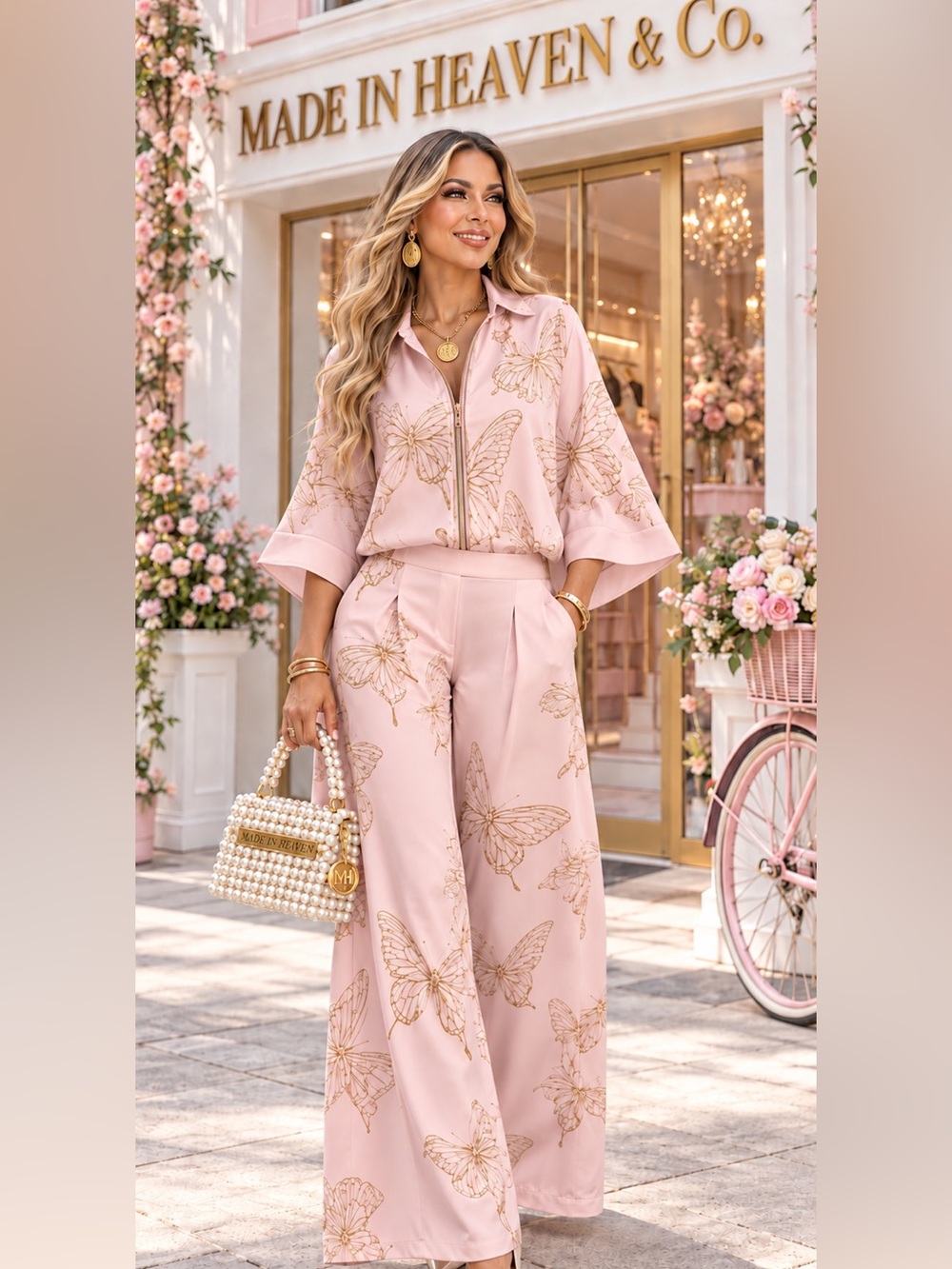Made in Heaven Pink Butterfly-Print Zip Blouse